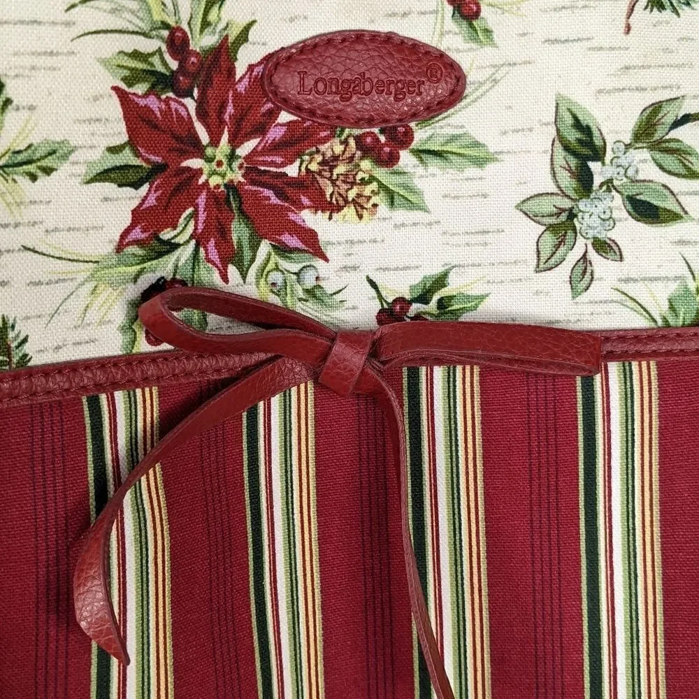 Longaberger Christmas Tote Bag Striped Canvas ~ Holly Poinsettia with Handles